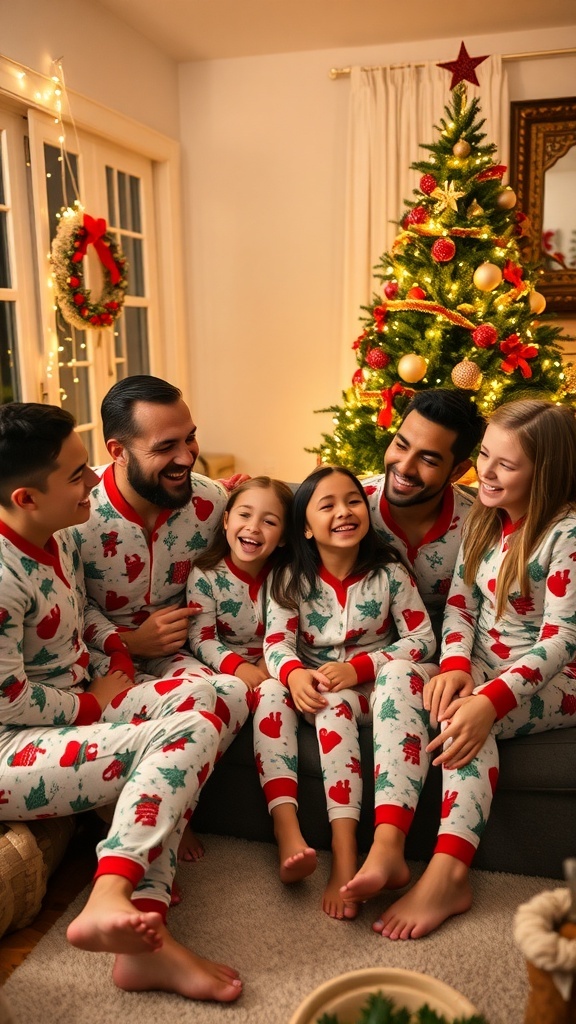 A happy family in matching pajamas in a decorated living room with a Christmas tree.